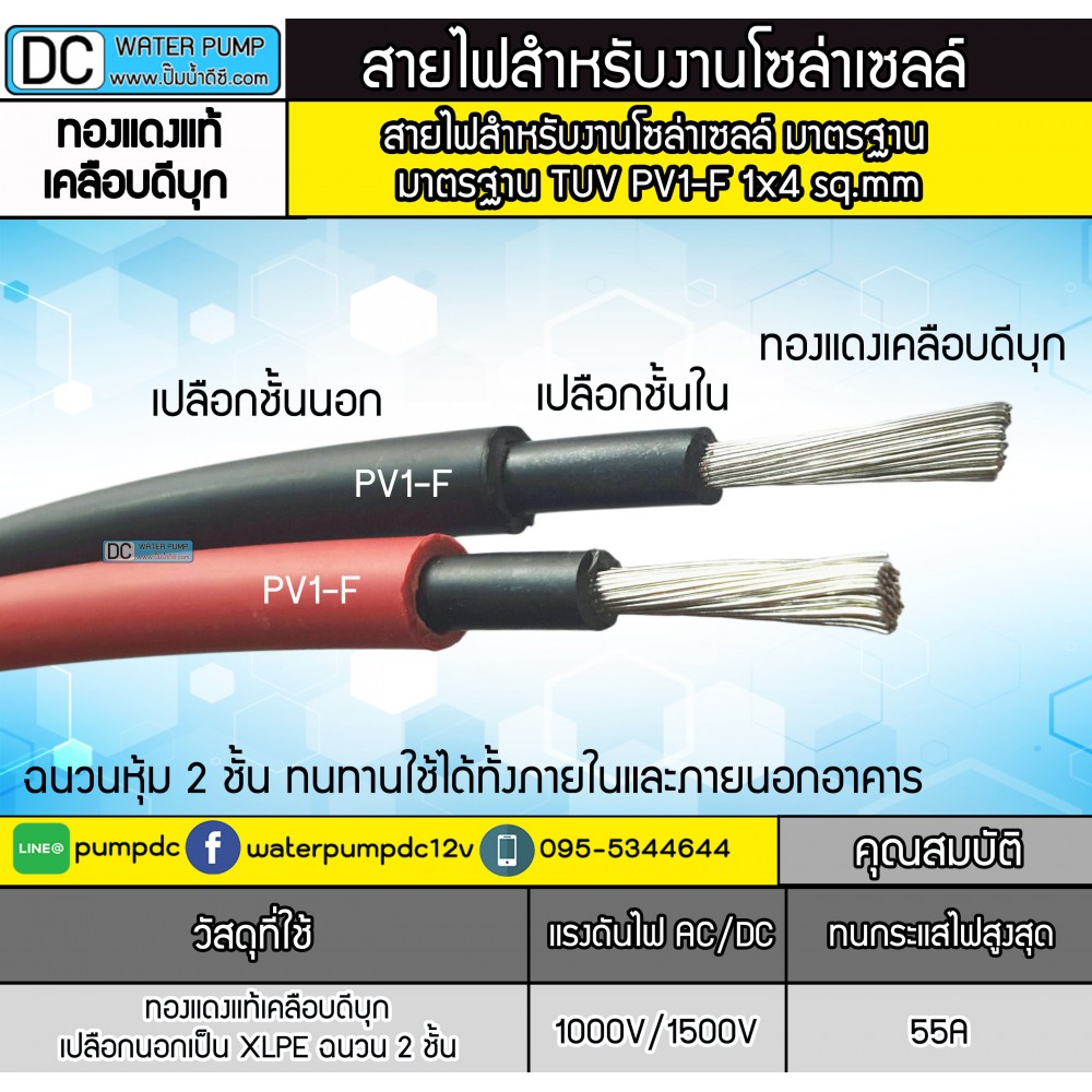 สายไฟสำหรับโซล่าเซลล์ มาตรฐาน TUV - Solar Cable PV1-F เบอร์ 1 x 4 sq.mm (สีแดง) (1 ม้วน 50เมตร)